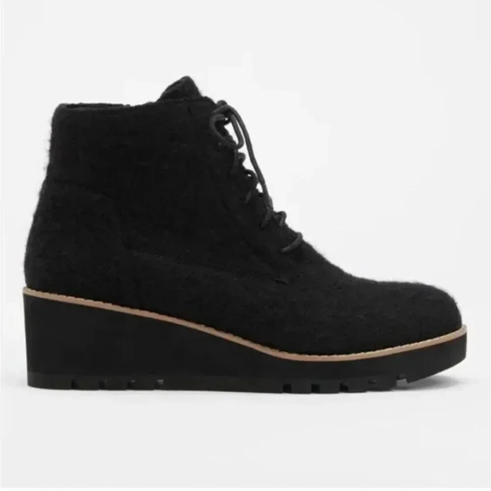 EILEEN FISHER FELTED WOOL BOOTIES ZIPPER LACE-UP WEDGE HEEL sz 7.5